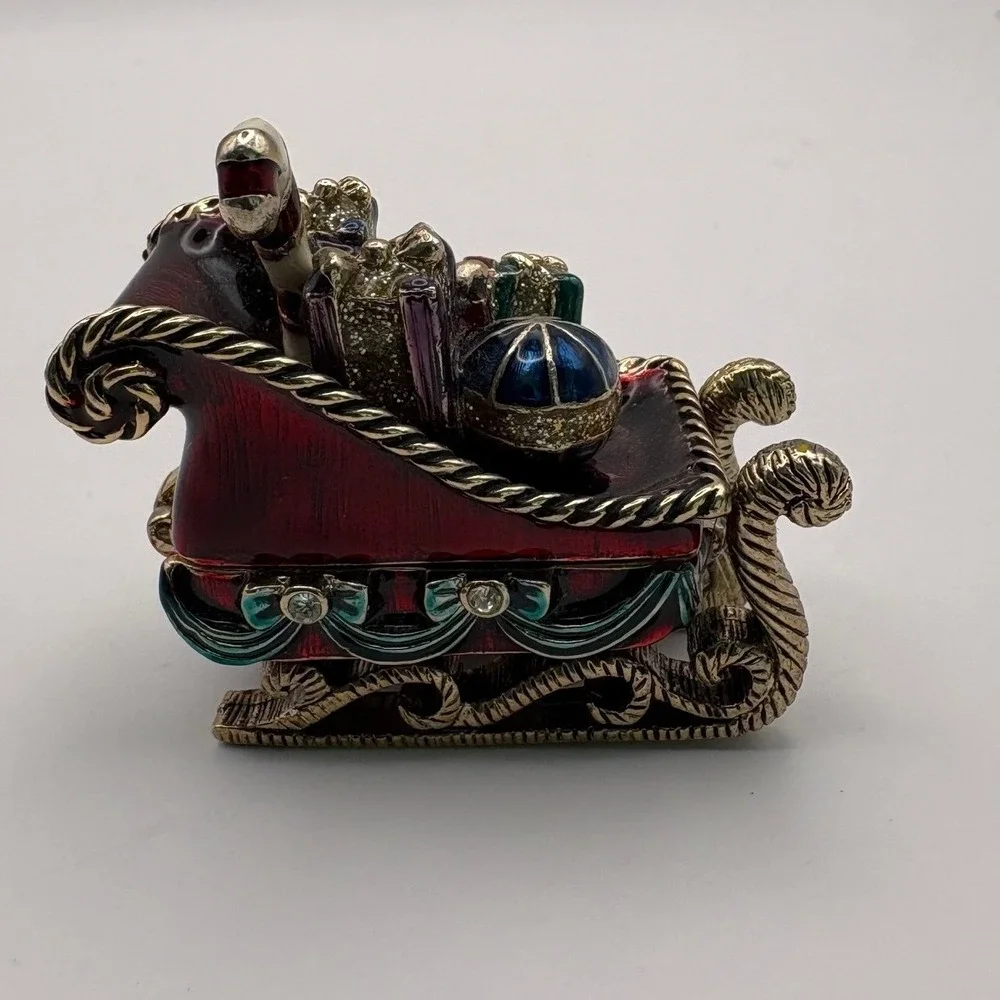 Monet Enameled Christmas Sleigh Trinket Box Red Gold Tone Crystal Accents
